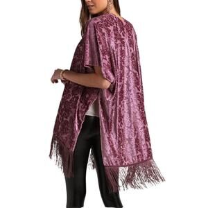 Francescas Burnout Floral Velvet Kimono One Size Light Purple Fringe Hem